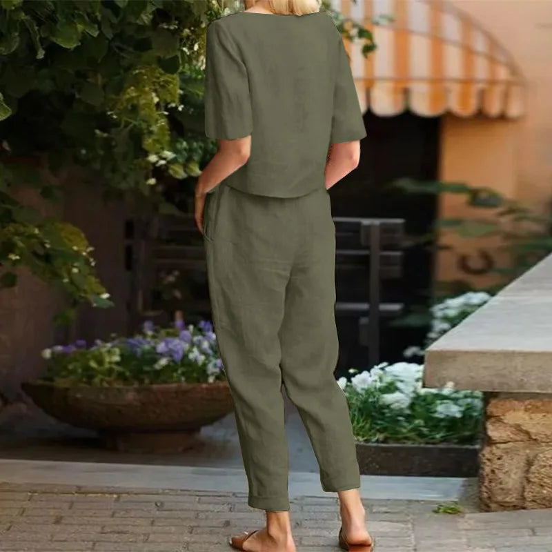 Women Summer Short Sleeve 2 Piece Sets Half Sleeve O Neck Tops with Wide Leg Pants Suits Casual Vintage Tracksuit Female Outfits