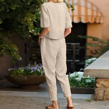 Load image into Gallery viewer, Women Summer Short Sleeve 2 Piece Sets Half Sleeve O Neck Tops with Wide Leg Pants Suits Casual Vintage Tracksuit Female Outfits