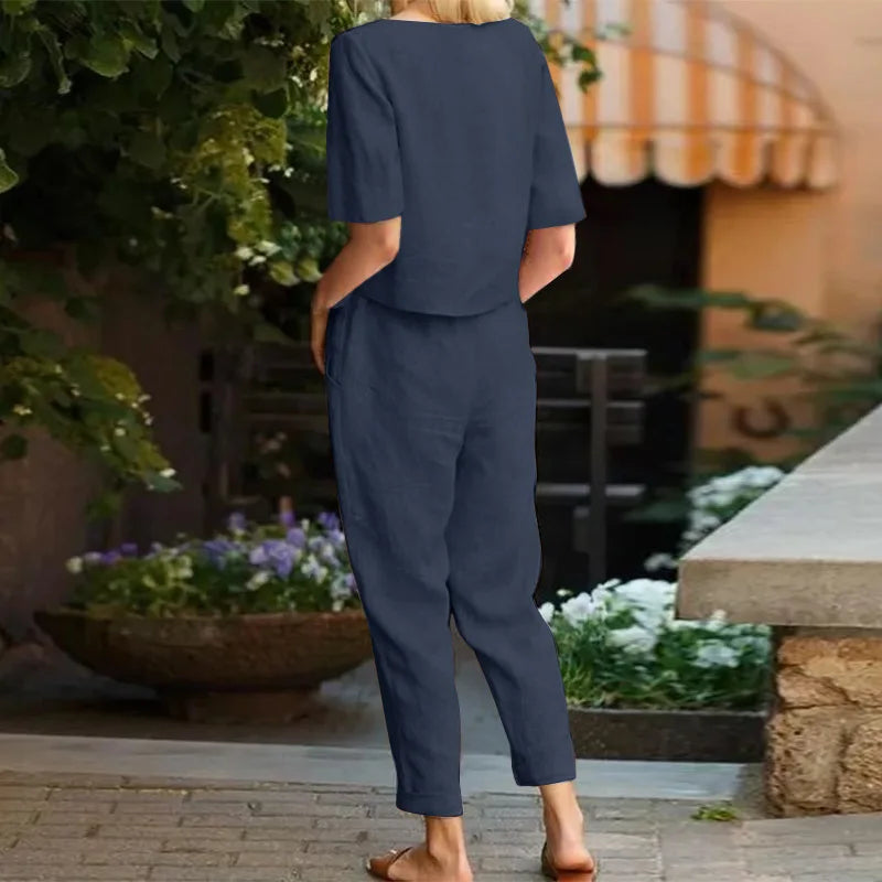 Women Summer Short Sleeve 2 Piece Sets Half Sleeve O Neck Tops with Wide Leg Pants Suits Casual Vintage Tracksuit Female Outfits