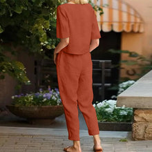 Load image into Gallery viewer, Women Summer Short Sleeve 2 Piece Sets Half Sleeve O Neck Tops with Wide Leg Pants Suits Casual Vintage Tracksuit Female Outfits