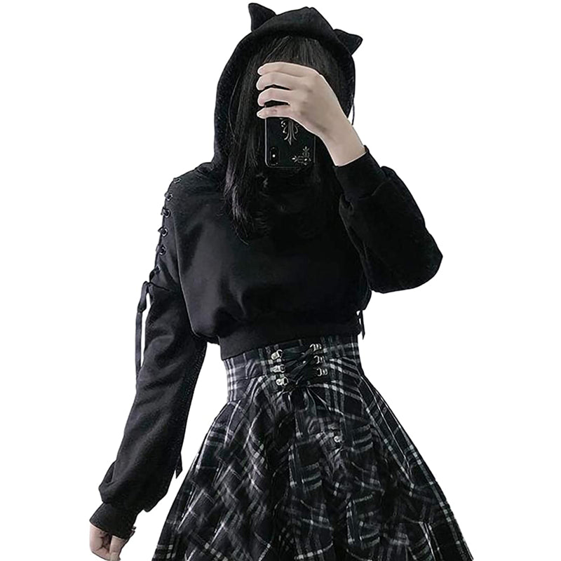 Women Hoodies Long Sleeve Kawaii Cat Ears Hoodie Gothic Punk Harajuku Cold Shouler Bandage Gothic Black Sweatshirts