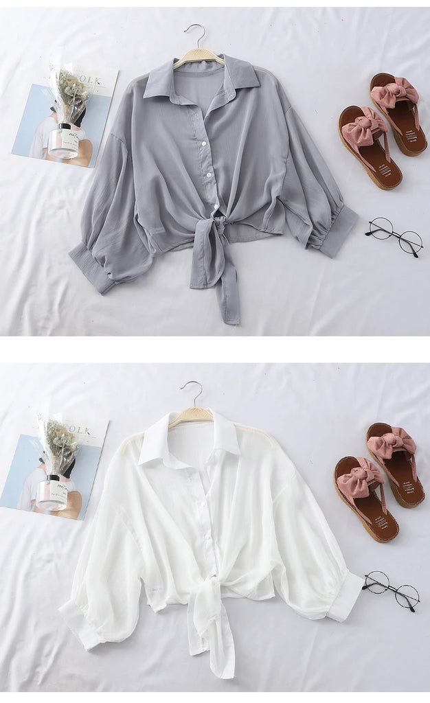 Chiffon Shirts Women 2020 Summer Half Sleeve Buttoned Up Shirt Loose Casual Blouse Tied Waist Elegant Blouses For Women