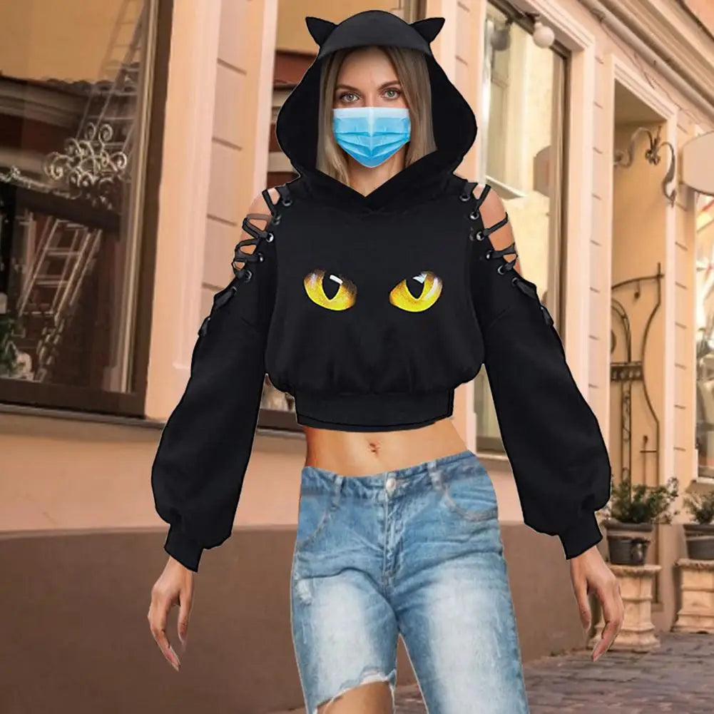 Women Hoodies Long Sleeve Kawaii Cat Ears Hoodie Gothic Punk Harajuku Cold Shouler Bandage Gothic Black Sweatshirts