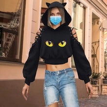 Load image into Gallery viewer, Women Hoodies Long Sleeve Kawaii Cat Ears Hoodie Gothic Punk Harajuku Cold Shouler Bandage Gothic Black Sweatshirts