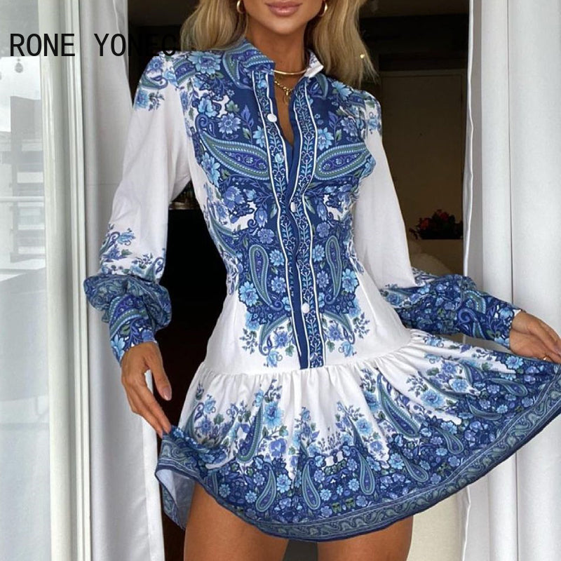 Women Casual All Over Print button Long sleeve Pleated Mini shirt Dresses