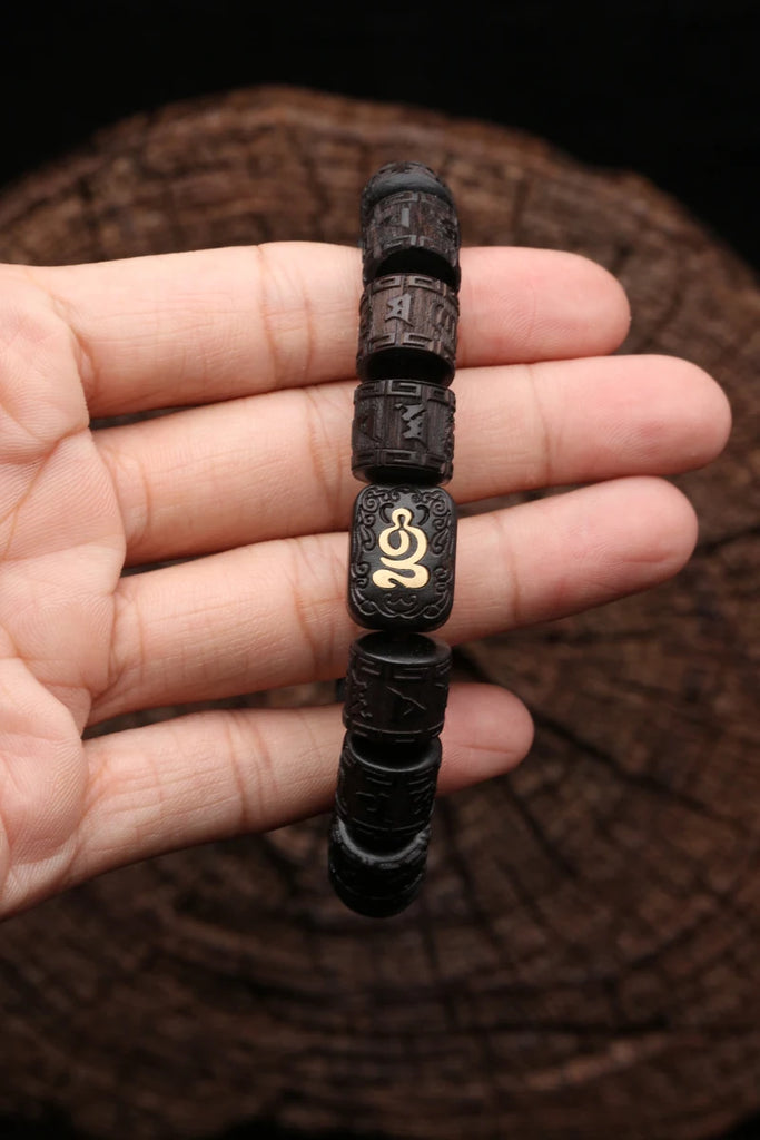 Authentic Natural Ebony Tibetan Six-Character Mantra Tibetan Prayer Wheel Bracelet 15mm Unisex Bracelet