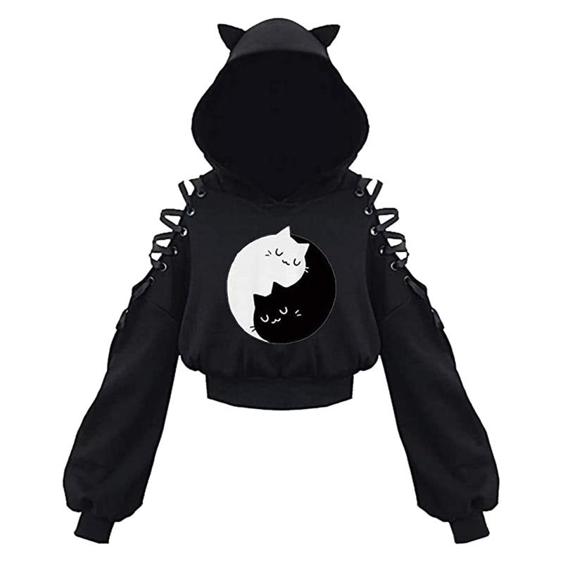 Women Hoodies Long Sleeve Kawaii Cat Ears Hoodie Gothic Punk Harajuku Cold Shouler Bandage Gothic Black Sweatshirts