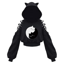 Load image into Gallery viewer, Women Hoodies Long Sleeve Kawaii Cat Ears Hoodie Gothic Punk Harajuku Cold Shouler Bandage Gothic Black Sweatshirts