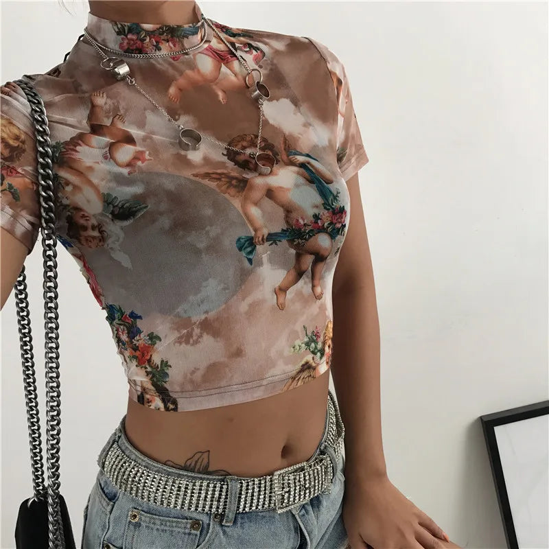 Sexy Hot Women High neck Short Sleeve Angel Cupid Print Mesh See Through Crop Top Female Loose Casual Short Tank T Shirt