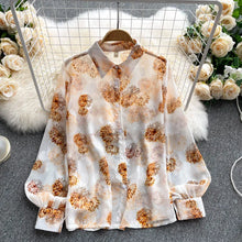 Load image into Gallery viewer, Spring Autumn Temperament Fashion Retro Chiffon Floral Blouses Print Loose Lapel Puff Sleeve Top Button Up Shirt Female GD611