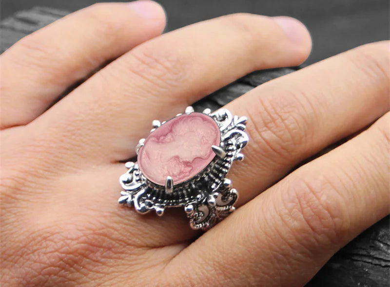 Vintage Leaf Lady Queen Cameo Rings For Women Antique Silver Plated Flower Cross Pink Cameo Ring Fashion Jewelry