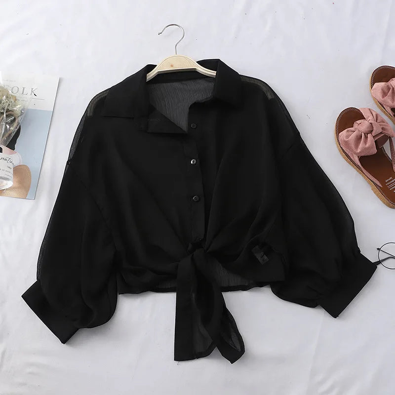 Chiffon Shirts Women 2020 Summer Half Sleeve Buttoned Up Shirt Loose Casual Blouse Tied Waist Elegant Blouses For Women