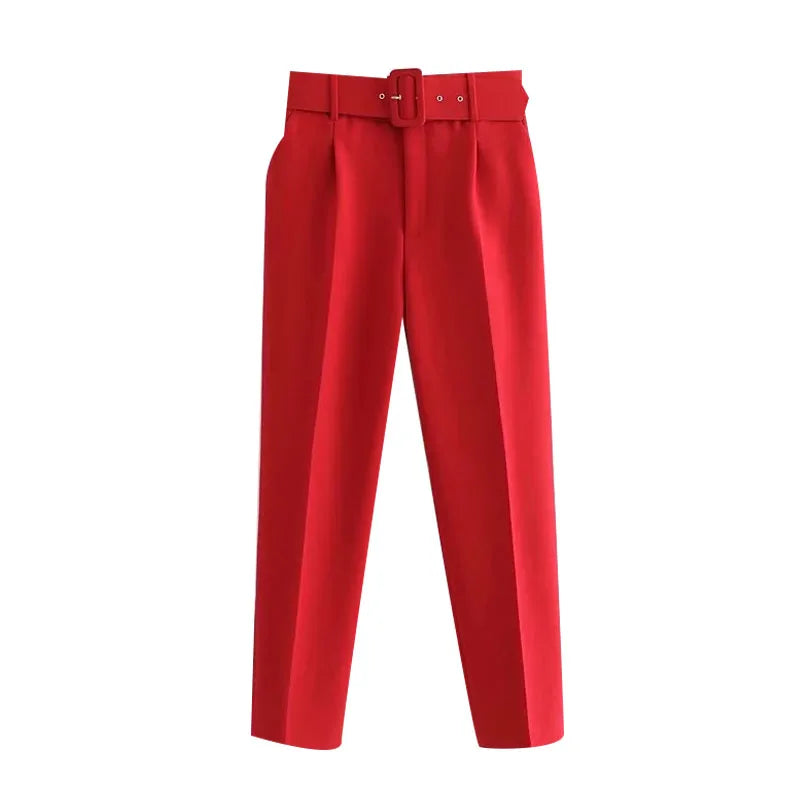 KPYTOMOA Women Fashion With Belt Side Pockets Office Wear Pants Vintage High Waist Zipper Fly Female Ankle Trousers Mujer