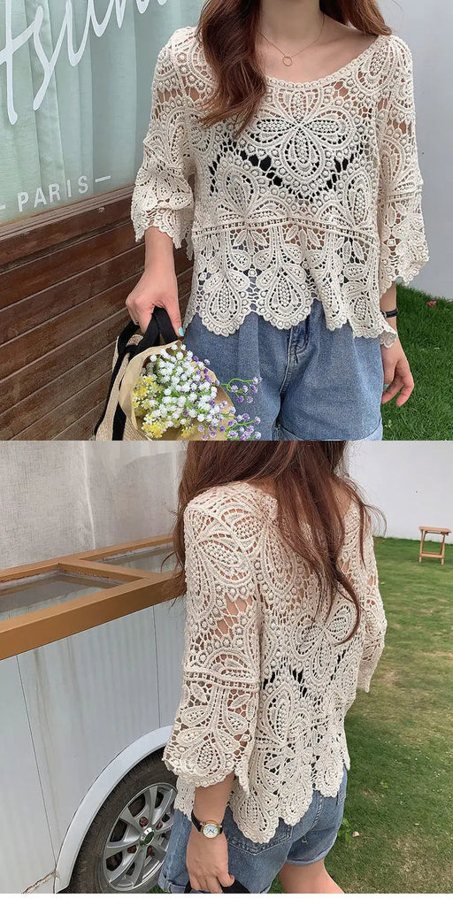 Simple Shawl Hollow-out Sweater Thin Artistic Pullover Blouse Women's Top