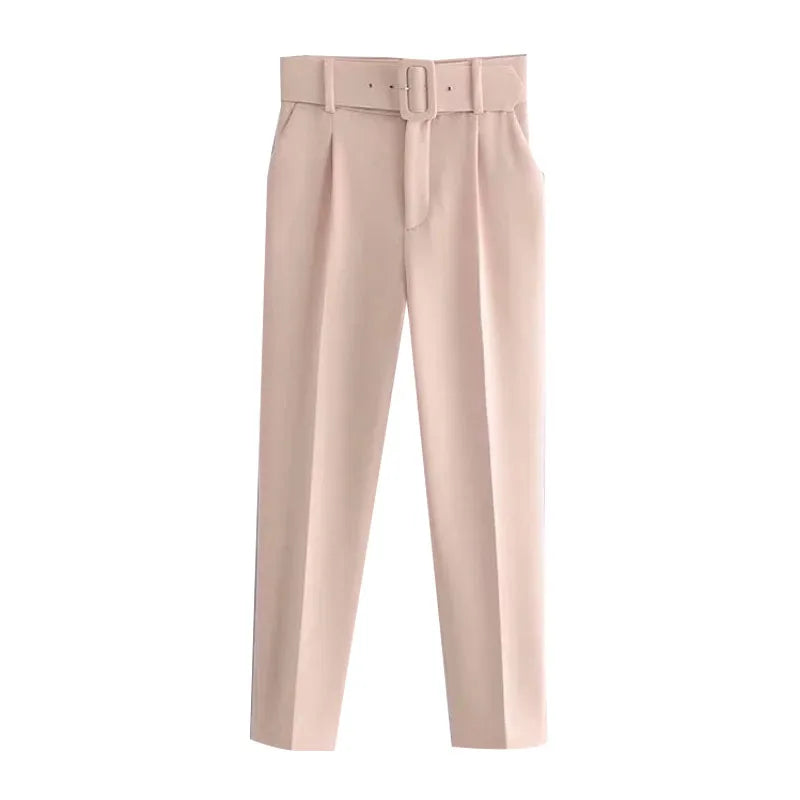 KPYTOMOA Women Fashion With Belt Side Pockets Office Wear Pants Vintage High Waist Zipper Fly Female Ankle Trousers Mujer