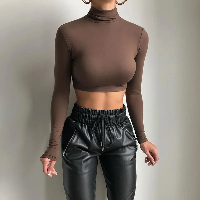 Basic Sheath Women Solid Turtleneck Tshirt Autumn Stretch Casual Undershirt Female All-match Street Activity Crop Tops