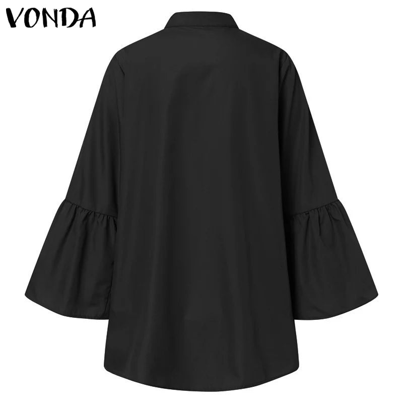 White Shirt Women Solid Color Flare Sleeve Shirts Spring Tops 2023 VONDA Sexy V Neck Button Up Office Shirts Femininas Blusas