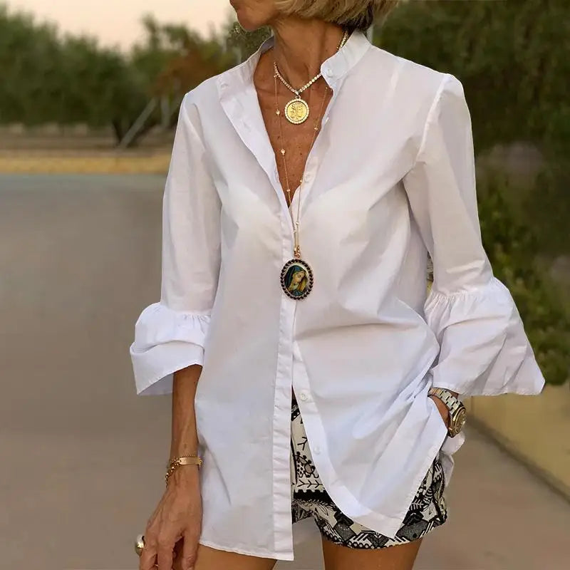 White Shirt Women Solid Color Flare Sleeve Shirts Spring Tops 2023 VONDA Sexy V Neck Button Up Office Shirts Femininas Blusas