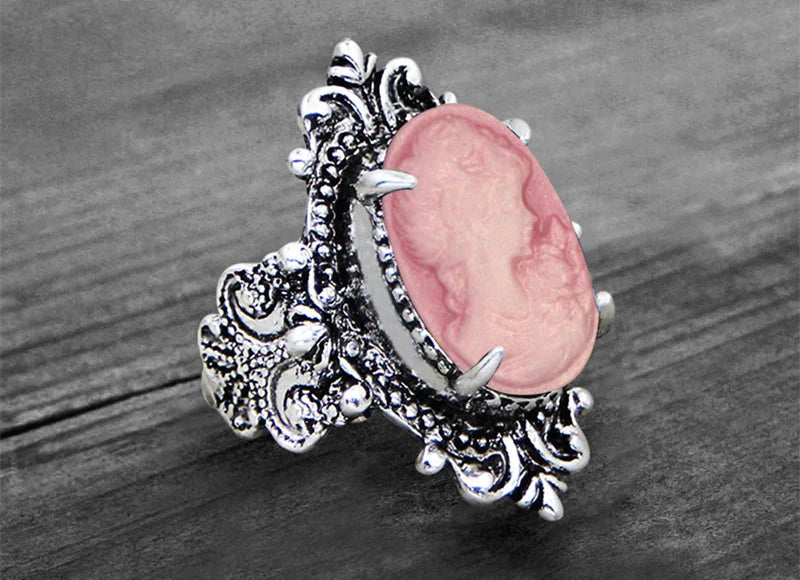 Vintage Leaf Lady Queen Cameo Rings For Women Antique Silver Plated Flower Cross Pink Cameo Ring Fashion Jewelry