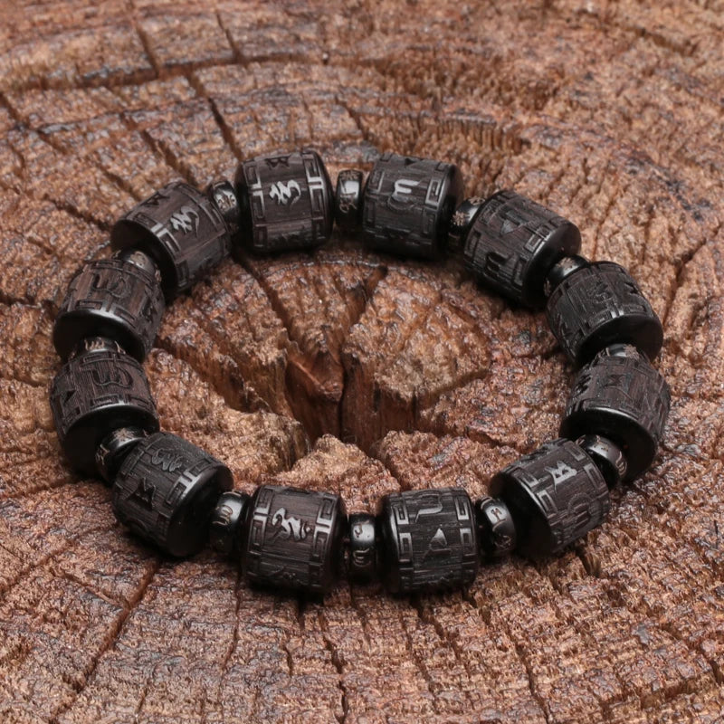 Authentic Natural Ebony Tibetan Six-Character Mantra Tibetan Prayer Wheel Bracelet 15mm Unisex Bracelet