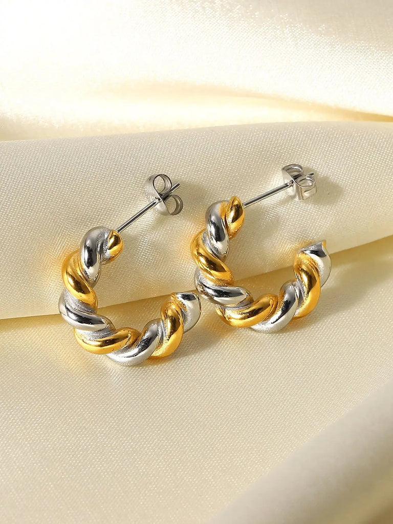 Tarnish Free Silver Gold Connected Twisted Hoop Earrings IP Plated Stainless Steel Twist Hoop Earrings for Women