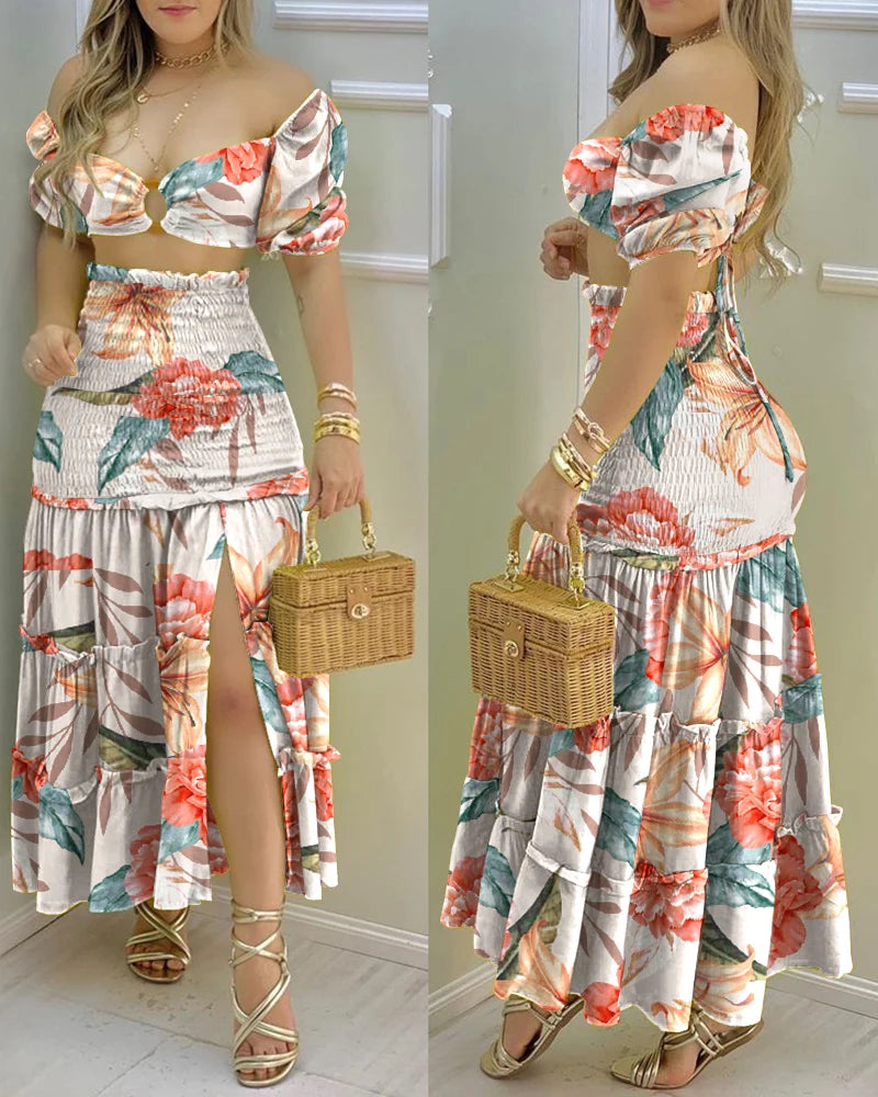 Commuting Style 2023 Fashion Holiday Floral Print O Neck Crop Top Shirr Slit High Waist Women Maxi Skirt Casual Sexy Sets