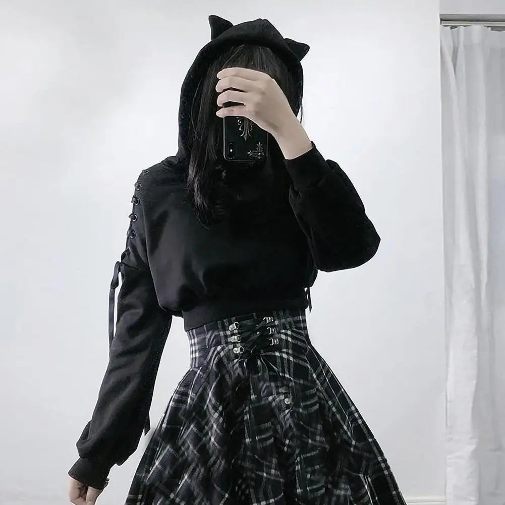 Women Hoodies Long Sleeve Kawaii Cat Ears Hoodie Gothic Punk Harajuku Cold Shouler Bandage Gothic Black Sweatshirts