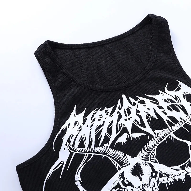 Gothic Knitted Punk Black Tank Tops Mall Goth Grunge Goat Print Harajuku Women Crop Tops Skinny Sleeveless Streetwear