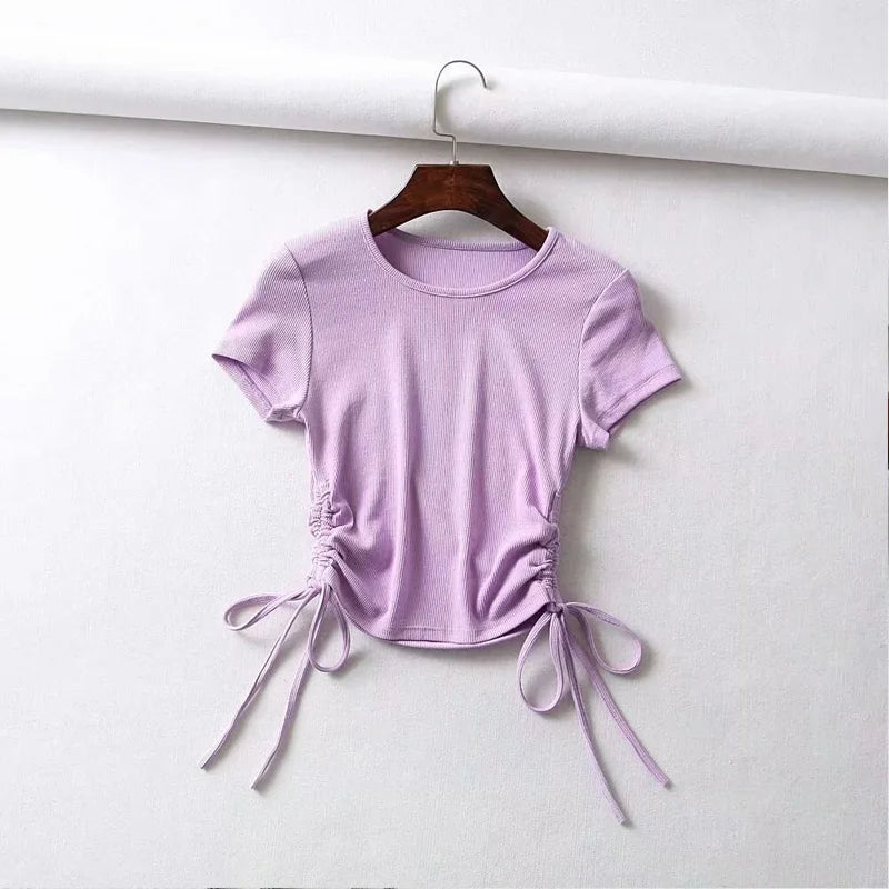 Sexy Side Drawstring Tie Up Ruched Tank Tops Women Solid Color Slim Crop Top Ladies Streetwear Ribbed Knitted Tees