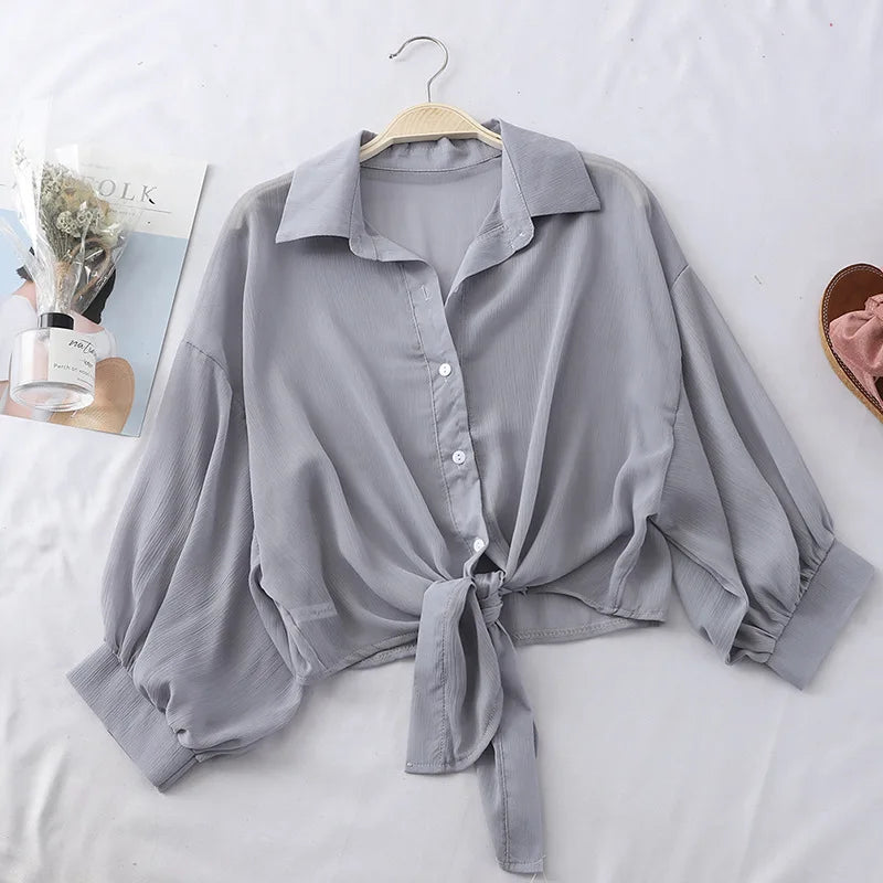 Chiffon Shirts Women 2020 Summer Half Sleeve Buttoned Up Shirt Loose Casual Blouse Tied Waist Elegant Blouses For Women