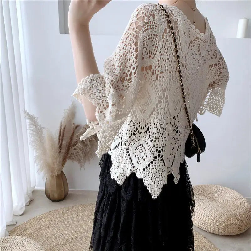 Simple Shawl Hollow-out Sweater Thin Artistic Pullover Blouse Women's Top