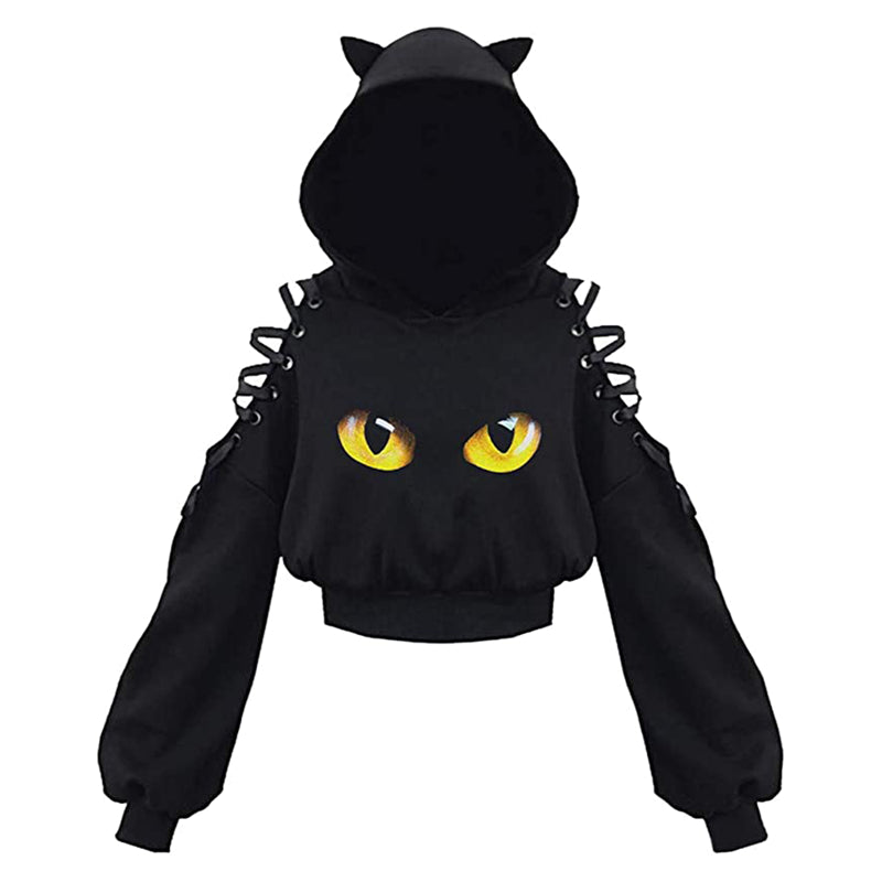 Women Hoodies Long Sleeve Kawaii Cat Ears Hoodie Gothic Punk Harajuku Cold Shouler Bandage Gothic Black Sweatshirts