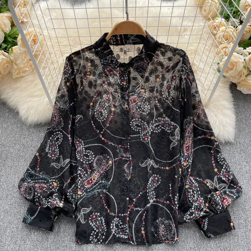 Spring Autumn Temperament Fashion Retro Chiffon Floral Blouses Print Loose Lapel Puff Sleeve Top Button Up Shirt Female GD611