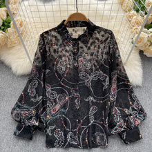 Load image into Gallery viewer, Spring Autumn Temperament Fashion Retro Chiffon Floral Blouses Print Loose Lapel Puff Sleeve Top Button Up Shirt Female GD611