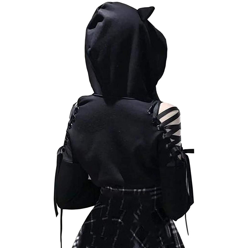 Women Hoodies Long Sleeve Kawaii Cat Ears Hoodie Gothic Punk Harajuku Cold Shouler Bandage Gothic Black Sweatshirts