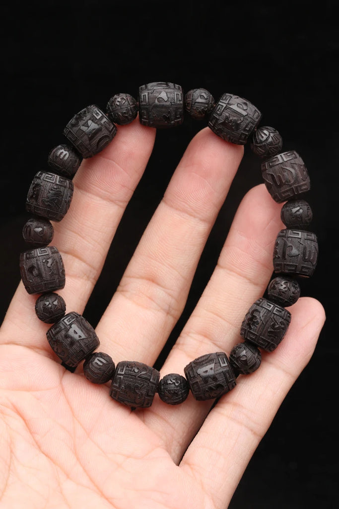 Authentic Natural Ebony Tibetan Six-Character Mantra Tibetan Prayer Wheel Bracelet 15mm Unisex Bracelet