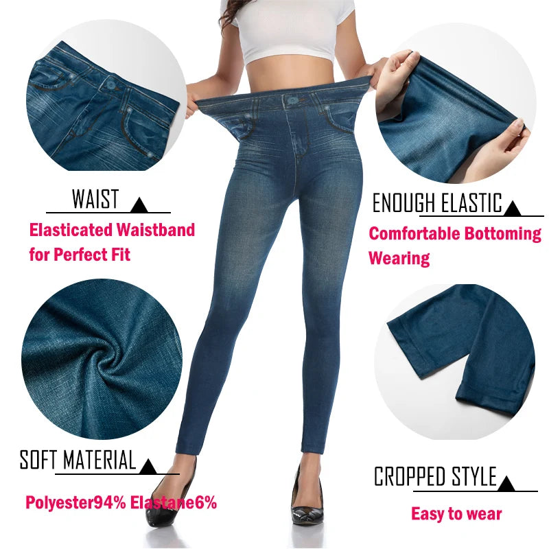 Women Super Strety Leggings Fashion Faux Denim Jeans Leggings Sexy Long Pocket Printing Leggins Summer Casual Pencil Pants