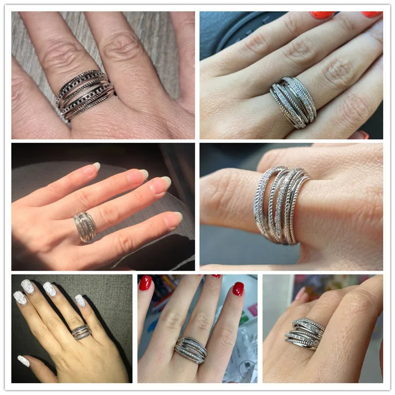 Huitan Silver Color Multiple Row Rings Shiny CZ Metallic OL Style Office Lady Versatile Finger Rings for Women Fashion Jewelry