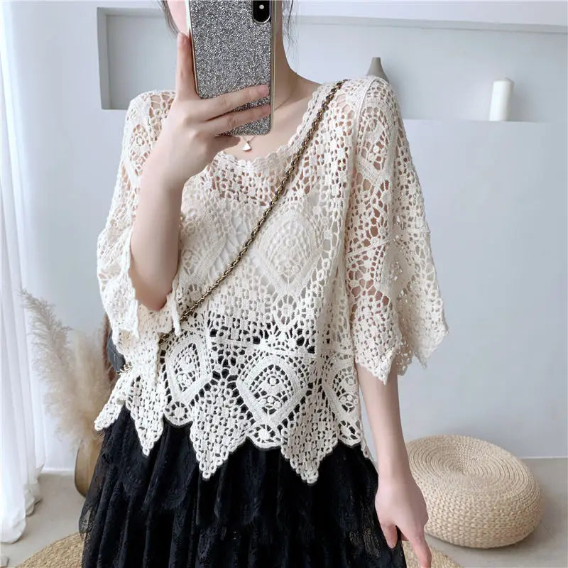 Simple Shawl Hollow-out Sweater Thin Artistic Pullover Blouse Women's Top