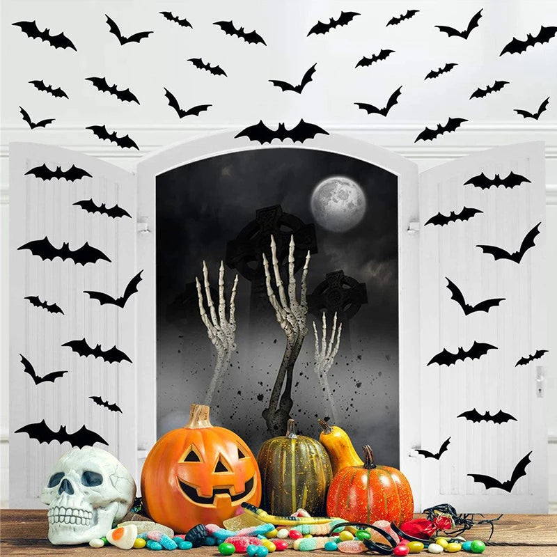 12/24/48pcs Halloween Decoration Wall Stickers 3D Black PVC Bat Halloween Party Decoration Bar Scary Props Room kids toys Decor