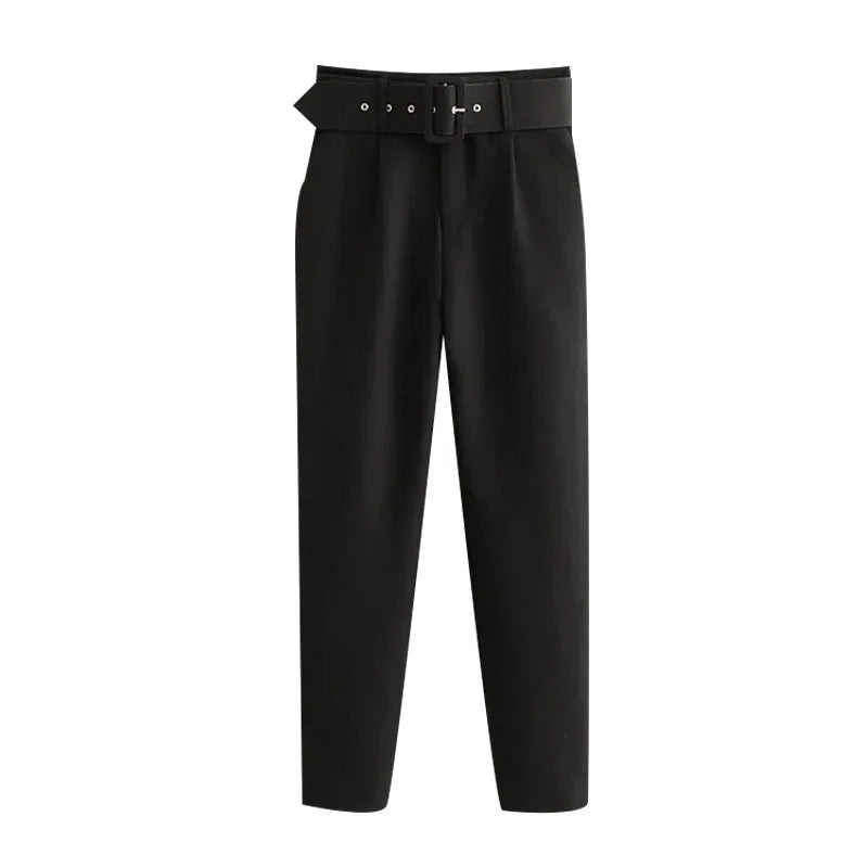 KPYTOMOA Women Fashion With Belt Side Pockets Office Wear Pants Vintage High Waist Zipper Fly Female Ankle Trousers Mujer