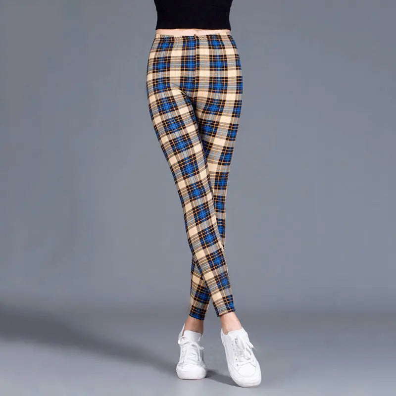 BornToGirl Y2K Streetwear Leggings Pants For Women Casual Slim High Waist Black Blue Red Brown Khaki Plaid Leggings Pants 2023