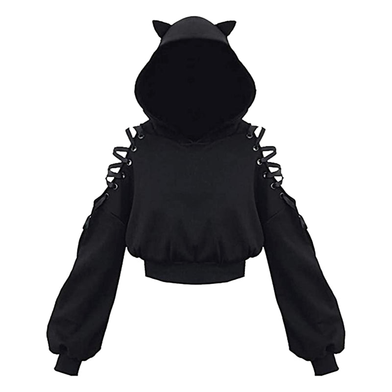 Women Hoodies Long Sleeve Kawaii Cat Ears Hoodie Gothic Punk Harajuku Cold Shouler Bandage Gothic Black Sweatshirts