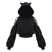 Load image into Gallery viewer, Women Hoodies Long Sleeve Kawaii Cat Ears Hoodie Gothic Punk Harajuku Cold Shouler Bandage Gothic Black Sweatshirts