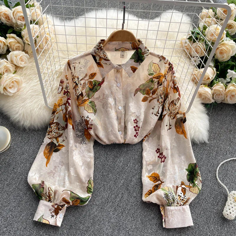 Spring Autumn Temperament Fashion Retro Chiffon Floral Blouses Print Loose Lapel Puff Sleeve Top Button Up Shirt Female GD611