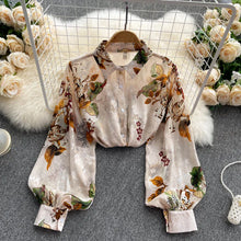 Load image into Gallery viewer, Spring Autumn Temperament Fashion Retro Chiffon Floral Blouses Print Loose Lapel Puff Sleeve Top Button Up Shirt Female GD611