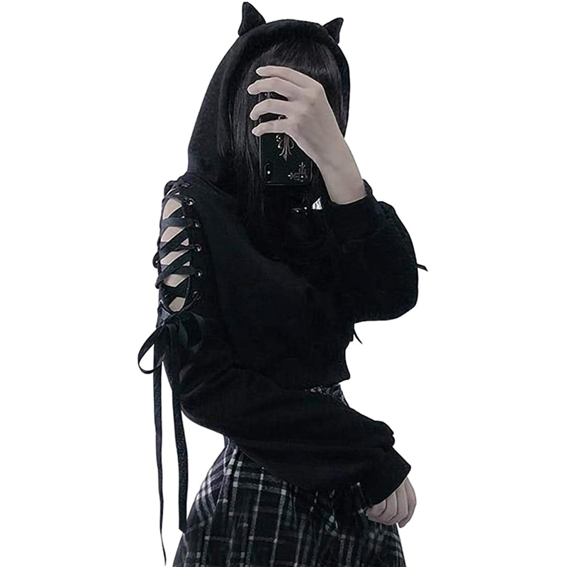 Women Hoodies Long Sleeve Kawaii Cat Ears Hoodie Gothic Punk Harajuku Cold Shouler Bandage Gothic Black Sweatshirts