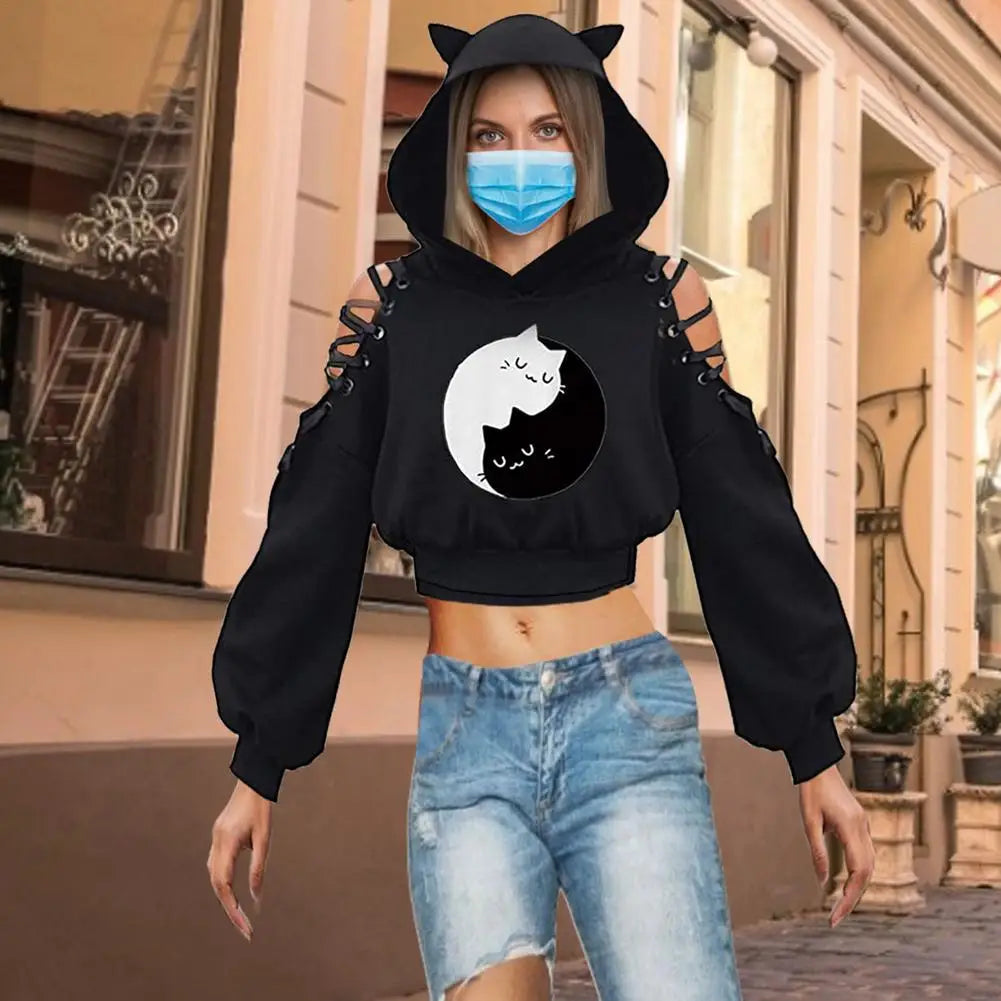 Women Hoodies Long Sleeve Kawaii Cat Ears Hoodie Gothic Punk Harajuku Cold Shouler Bandage Gothic Black Sweatshirts