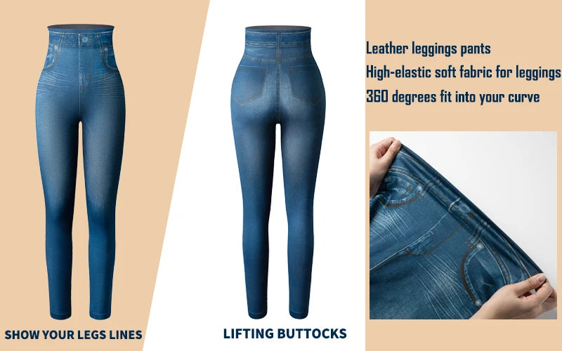 Women Super Strety Leggings Fashion Faux Denim Jeans Leggings Sexy Long Pocket Printing Leggins Summer Casual Pencil Pants