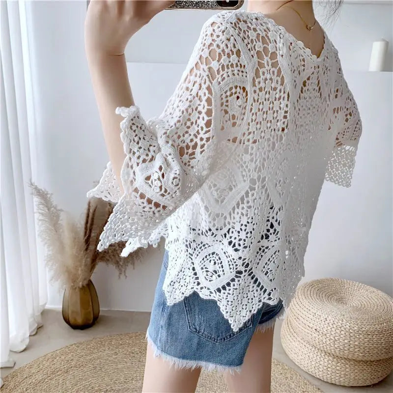 Simple Shawl Hollow-out Sweater Thin Artistic Pullover Blouse Women's Top